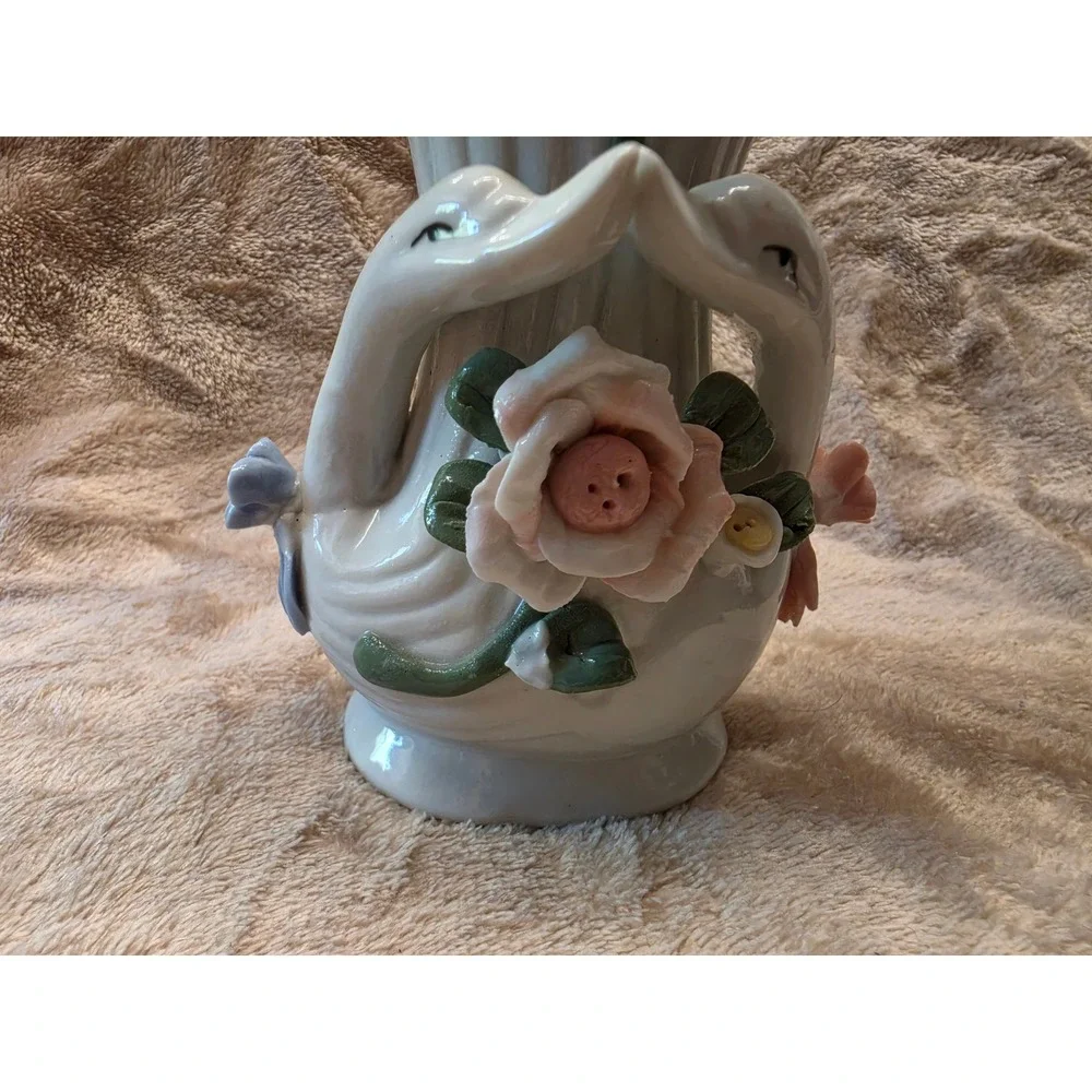 Vintage Porcelain Double Swan Vase with 3D Pink Rose Floral Accents Ceramic